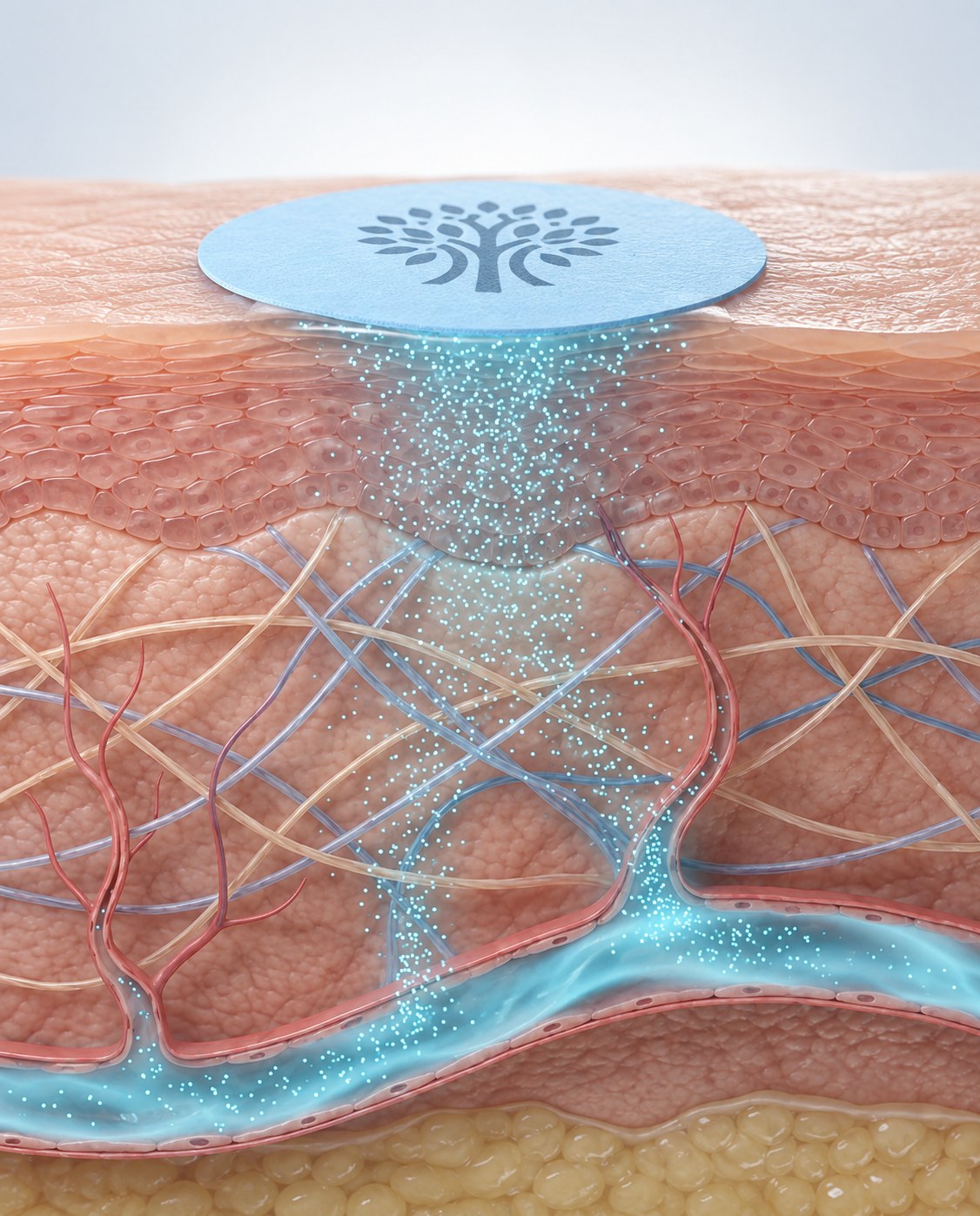 A cutaway showing the patch releasing through the layers of the skin.