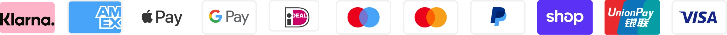 Klarna, American Express, Apple Pay, Google Pay, iDEAL, Maestro, Mastercard, PayPal, Shop Pay, UnionPay and Visa