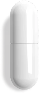 A single white, two-part pill capsule standing vertically with a slight shadow on a white background.