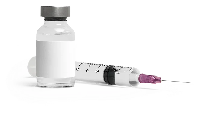 A medical vial with a blank label and a syringe on a white background.